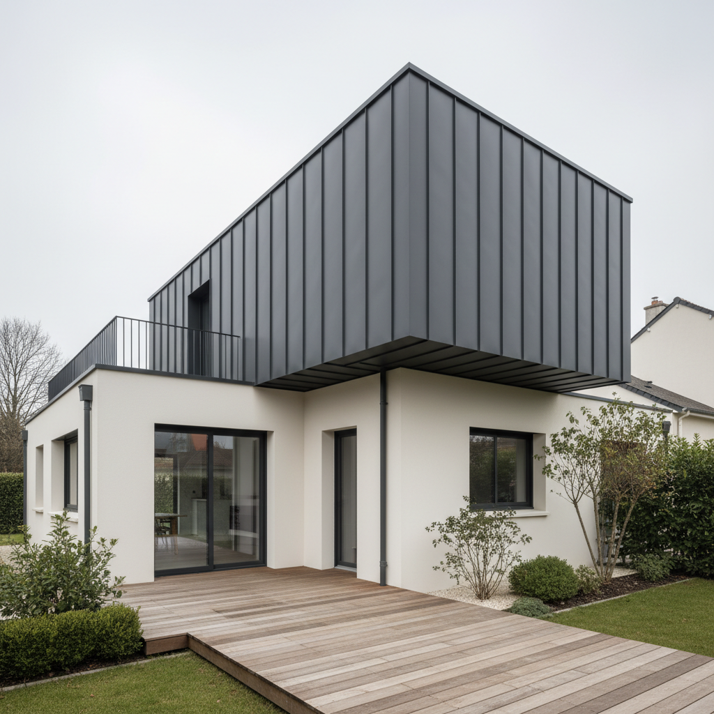 Un pavillon des années 70 près de Nantes, métamorphosé par une surélévation contemporaine en zinc anthracite aux lignes épurées, reposant sur un rez-de-chaussée enduit blanc cassé rénové. Une terrasse en bois clairement structurée s’ouvre sur un petit jardin clos, bordé de haies basses. La lumière est celle d’un matin légèrement couvert, créant un éclairage diffus sans ombres dures, qui souligne la précision des raccords entre ancien et neuf. L’ambiance est pragmatique et élégante, montrant un projet abouti. Prise de vue en légère contre-plongée pour valoriser la surélévation, cadrage large englobant la parcelle, rendu photographique réaliste, couleurs naturelles, détails de zinguerie et menuiseries extérieures parfaitement lisibles.