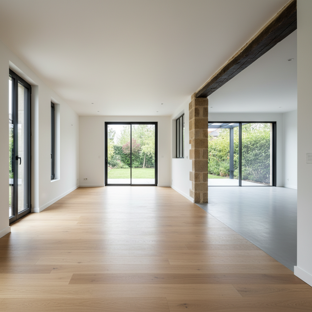 Un intérieur de maison nantaise rénovée : pièce de vie traversante avec parquet en chêne clair, murs blancs lisses, grandes ouvertures aluminium donnant sur un jardin, et une extension en second jour visible au fond par une large baie. La jonction entre l’existant en pierre et l’extension contemporaine est clairement lisible au plafond et au sol, avec un traitement soigné des matériaux. La lumière naturelle entre généreusement par les baies, créant des reflets doux sur le parquet et un jeu d’ombres très subtil. L’atmosphère est sobre, lumineuse et sophistiquée. Vue photographique à hauteur d’œil, axe légèrement diagonal pour donner de la profondeur, mise au point nette sur l’ensemble de la pièce, style réaliste, sans objets décoratifs superflus pour souligner la dimension architecturale.