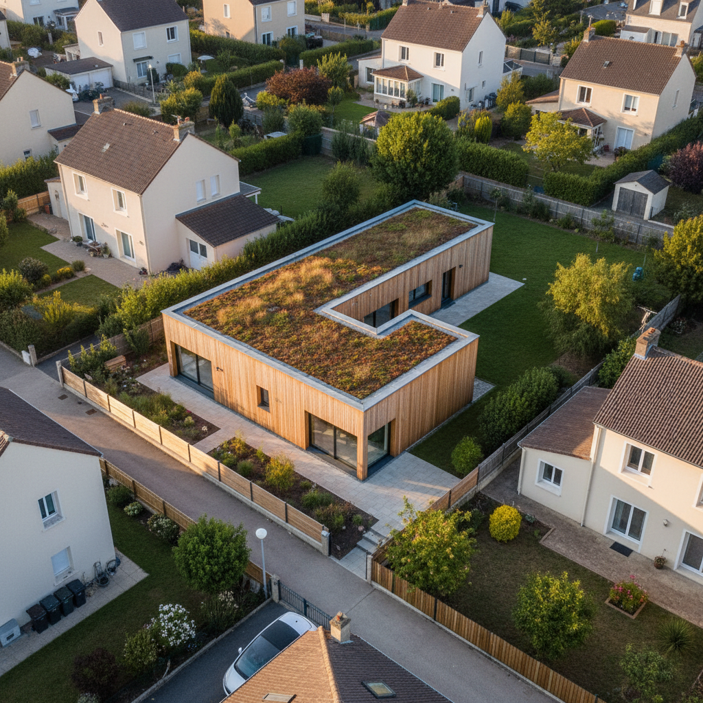 Vue aérienne légèrement plongée d’un petit lotissement résidentiel en périphérie de Nantes, mettant en avant une maison d’angle transformée par une extension en L en ossature bois, bardage vertical naturel, toiture terrasse végétalisée. Le reste des maisons, plus standard, encadre le projet et met en évidence son caractère soigné mais intégré. La lumière de fin de journée crée un léger halo doré sur la toiture végétalisée et les surfaces vitrées. L’ambiance est sereine, technique et maîtrisée, illustrant une intervention respectueuse du contexte. Photographie réaliste haute résolution, composition en diagonale, profondeur de champ importante, détails de la parcelle, cheminements, clôtures et végétation clairement visibles, sans présence humaine.