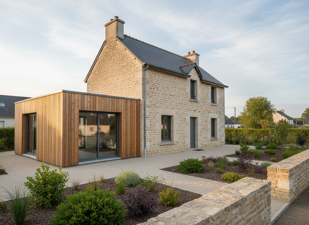 Une maison individuelle en pierre claire typique de la région nantaise, entièrement rénovée, avec une extension contemporaine en bois naturel et grandes baies vitrées aluminium gris. La façade principale donne sur un petit jardin paysagé sobre, gravier clair, massifs végétaux structurés et muret en pierre. Une lumière douce de fin d’après-midi éclaire la scène, révélant les textures du bois, de l’enduit et de la pierre. L’atmosphère est calme, raffinée et accueillante. Prise de vue photographique réaliste à hauteur d’œil, composition en règle des tiers, profondeur de champ nette sur toute la maison, arrière-plan légèrement flou, ciel légèrement nuageux typique de Loire-Atlantique, rendant l’ensemble à la fois sophistiqué et concret.